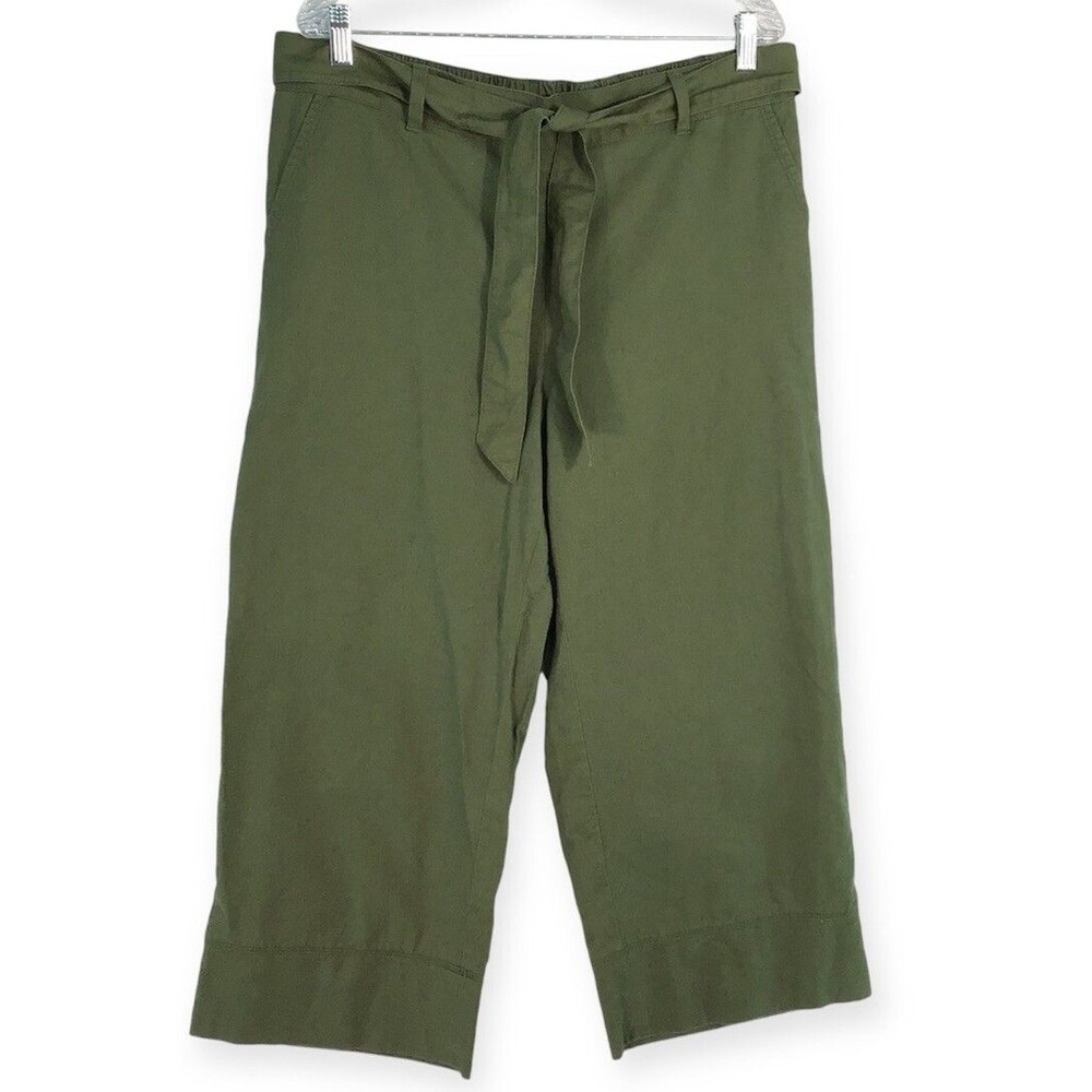 LOFT NEW Cropped Lounge Pants Women's Large Baggy Belted Green Wide Leg Linen